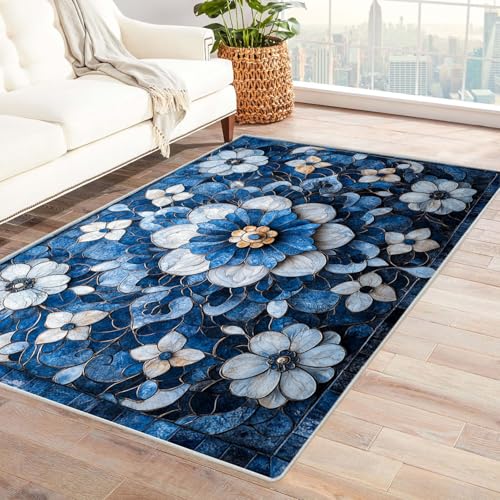 IEPOZWA Boho Ikat Läufer Geometrisch Blaue Blume Wasserfest schnell trocknend Outdoor geeignet für Garten Partyzelt Camping Boot(Blue)-150x180cm von IEPOZWA