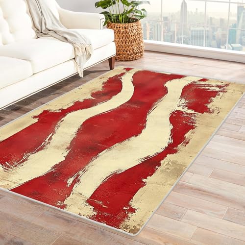 IEPOZWA Farbenfroher Abstrakter Wellen Teppich Imitation Wandmuster FüRs Wohnzimmer Schlafzimmer Jugendzimmer Waschbar rutschfeste Teppiche Waschbar Teppich Modern(Rot)-90x150cm von IEPOZWA