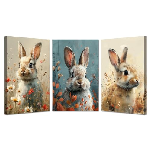 IEPOZWA Frühling Bilder auf Leinwandbild, Moderne Kaninchen-Wildblumen Frühlingslicht Panorama Leinwand Bild XXL Wandbilder Wohnzimmer Wohnung Deko Kunstdrucke - 20x30cmx3 Gerahmt von IEPOZWA