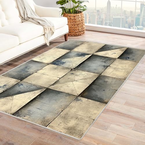IEPOZWA Geometrischer Teppich mit Anti-Rutsch Bodenfliesenmuster Für Wohnzimmer, Esszimmer, Schlafzimmer, Anti-Rutsch Basis, Dicke, Pflegeleicht, Robust(Weiß)-90x120cm von IEPOZWA
