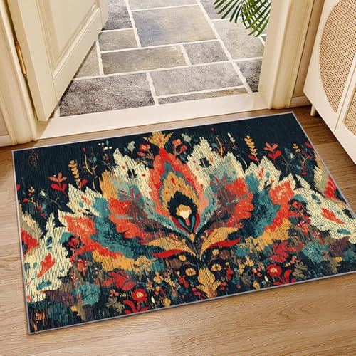 IEPOZWA Ikat Blumen Design Teppich Kunst Mehrfarbig Wasserfest schnell trocknend Outdoor geeignet für Garten Partyzelt Camping Boot(Multi)-90x120cm von IEPOZWA