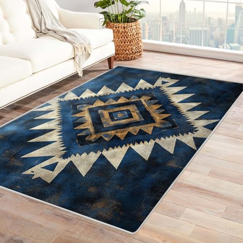 IEPOZWA Ikat Boho Teppich Persisches Design Blauer Stern Leicht reinigbar fusselfrei haustierfreundlich für Wohnbereich(Blue)-210x270cm von IEPOZWA