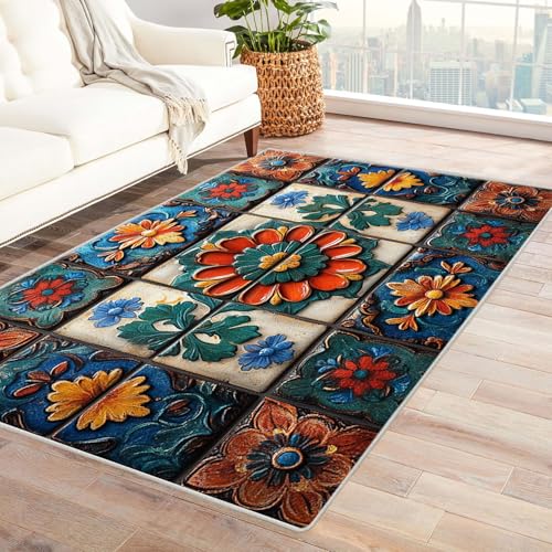 IEPOZWA Ikat Streifen Teppich Modern Landhausstil Rustikal 3D Blume Schnelltrocknend Wasserabweisend Diele Treppenhaus Eingang Esszimmer Arbeitszimmer Wohnzimmer(Multi)-210x300cm von IEPOZWA