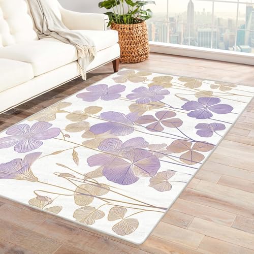IEPOZWA Kreativer Pflanzenteppich in Grün Kleearten Waschmaschinengeeignet, Schnelltrocknend, Weiche Textur, Für Wohnbereich, Küche(Lila)-150x240cm von IEPOZWA