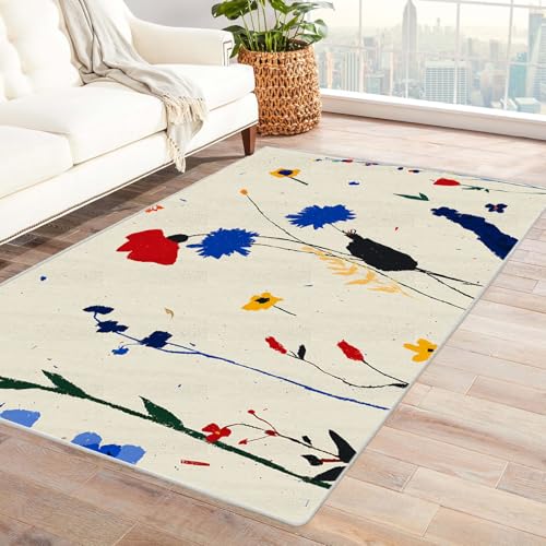 IEPOZWA Kunstdesign Teppich mit Pflanzenabbildungen BlüTen FüRs Wohnzimmer, Schlafzimmer, Jugendzimmer Waschbar Dekor rutschfeste Waschbarer Teppiche Modern(Weiß)-210x270cm von IEPOZWA