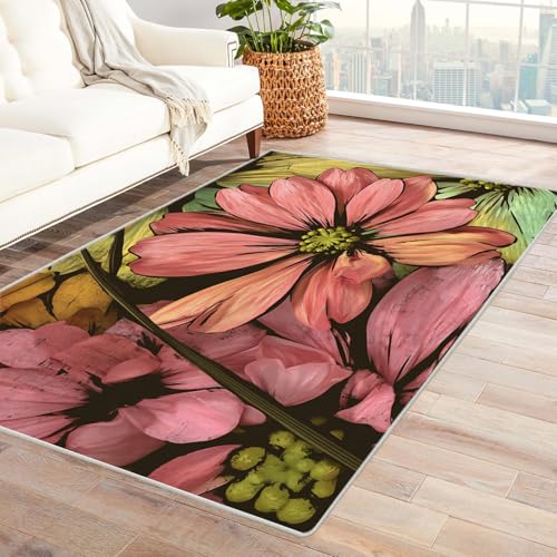 IEPOZWA Moderner Blumenteppich in Geometrie Rosa Blumen Waschbarer Teppiche Rutschfester 3D Gedruckter Bodenteppich FüR Jungen MäDchen Teenager(Rosa)-120x180cm von IEPOZWA