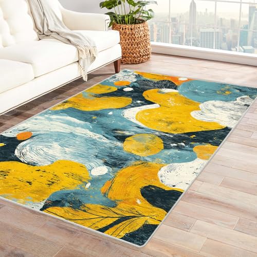 IEPOZWA Moderner Farbblock Teppich mit Unregelmäßigem Design Dschungel Waschbar, Schnelltrocknend, Weich, Staubabweisend, Für Wohnbereich, Arbeitszimmer(Gelb)-180x240cm von IEPOZWA