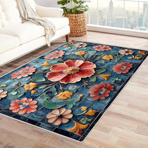 IEPOZWA Persischer Ikat Ethnoteppich 3D Blau Wasserfest schnell trocknend Outdoor geeignet für Garten Partyzelt Camping Boot(Blue)-210x270cm von IEPOZWA