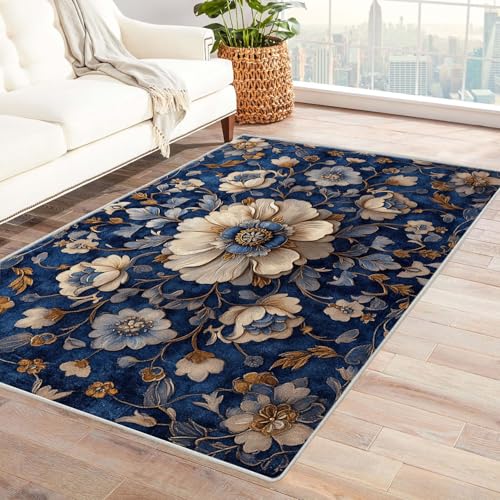 IEPOZWA Persischer Ikat Ethnoteppich Blaue Blume Leicht reinigbar fusselfrei haustierfreundlich für Wohnbereich(Blue)-150x210cm von IEPOZWA