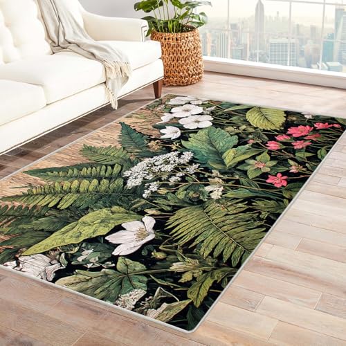 IEPOZWA Pflanzeninspirierter Teppich in Weiß Weiße Blumen rutschfest Bodenmatte, Waschbar, FüR Schlafzimmer Wohnzimmer BüRo Garten Balkon Küche Modern(Weiß)-150x240cm von IEPOZWA
