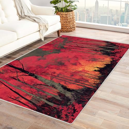 IEPOZWA Pflanzenmuster Teppich mit Dicker Basis Rotes Baum Für Eingangsbereich, Wohnraum, Büro, rutschfest, Dicke, Leicht Zu Reinigen(Rot)-90x120cm von IEPOZWA