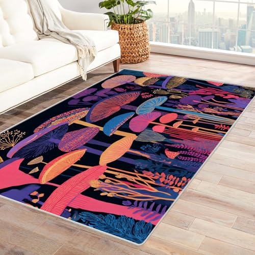 IEPOZWA Schlichter Teppich mit floralen Elementen Champignons FüRs Wohnzimmer, Schlafzimmer, Jugendzimmer Waschbar Dekor rutschfeste Waschbarer Teppiche Modern(Mehrfarbig)-90x120cm von IEPOZWA