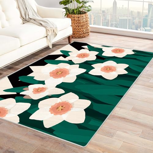 IEPOZWA Stilvoller Geometrie-Teppich mit Blumen Narzissen Waschbar, Schnelltrocknend, Weich, Staubresistent, Für Wohnraum, Arbeitszimmer(GrüN)-150x240cm von IEPOZWA