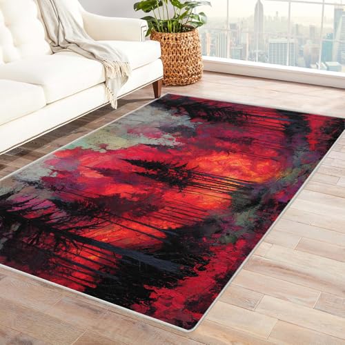 IEPOZWA Strandinspirierte Teppiche für Innenräume Rotes Baum Mit Kurzem Flor, Waschbar, Weich, Für Hohe Frequentierung, Indoor, Vielseitig(Rot)-150x180cm von IEPOZWA