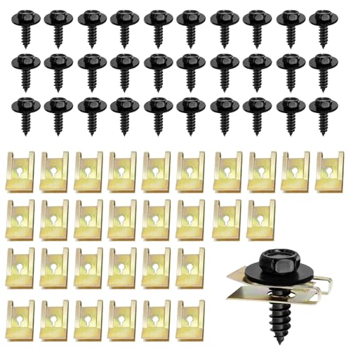 IETWATE 60 Stück Karosserieschrauben, Manganstahl Blechmutter, Sechskant Blechschrauben, KFZ-Zierleisten Blechmutter Schraube Mutter Clip Kit mit Befestigung Clips, für Auto Motorrad von IETWATE