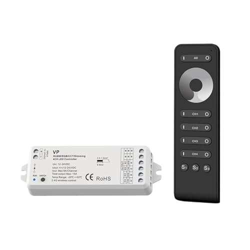 IFFSUEVL 1PCS/2PCS DC 12V 24V LED Dimmer 4 Kanäle 15A PWM 2,4G Fernbedienung 4-Weg LED Dimmer Schalter for Einfarbige LED-Licht Streifen(RS6 and VP Kit) von IFFSUEVL