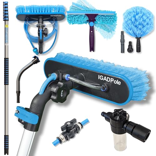 IGAD 8,6 m Waschset: Wasserzufuhrbürste, Spinnennetz-Staubwedel und 25 cm Abzieher und Seifenspender, mit 6-stufiger Teleskopstange, 1,66–8,3 m Stange von IGAD