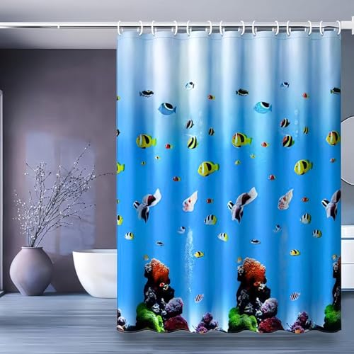 IGINOA Duschvorhang 180x200 Blau Antischimmel Badevorhang Shower Curtains Wasserdicht mit ösen Motiv Duschrollo Schimmelresistent Badewanne Vorhang Duschvorhänge Meer Muster Badewannenvorhang von IGINOA