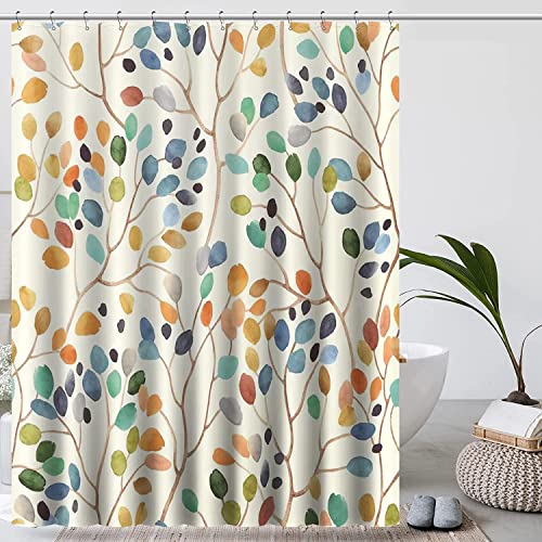 IGINOA Duschvorhang 180x200 Beige Antischimmel aus Stoff Waschbar Badevorhang Bunt Pflanzen Motiv mit Ösen Shower Curtains Vintage Textil Schimmelresistent Badezimmer Badewanne Vorhang Boho Muster von IGINOA