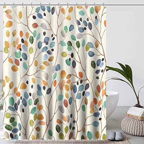IGINOA Duschvorhang 180x200 Beige Antischimmel aus Stoff Waschbar Badevorhang Bunt Pflanzen Motiv mit Ösen Shower Curtains Vintage Textil Schimmelresistent Badezimmer Badewanne Vorhang Boho Muster von IGINOA