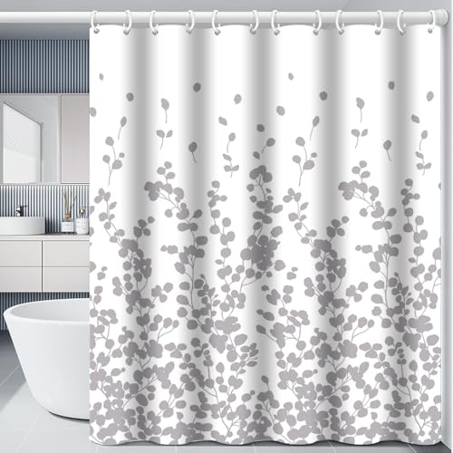 IGINOA Duschvorhang 180x200 Weiß Antischimmel Badevorhang Shower Curtains Wasserdicht Blumen mit ösen Grau Motiv Schimmelresistent Badewanne Vorhang Pflanzen Waschbar Muster Duschvorhänge von IGINOA