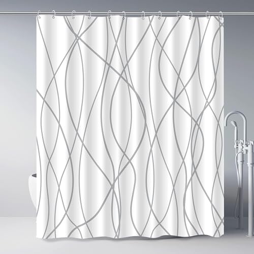 IGINOA Duschvorhang 180x200 mit Ösen Antischimmel Grau Gestreift Stoff Shower Curtains Weiss Schimmelresistent Textil Badewanne Vorhang Weiß Überlänge Wasserdicht Duschvorhänge Motiv Blickdicht von IGINOA