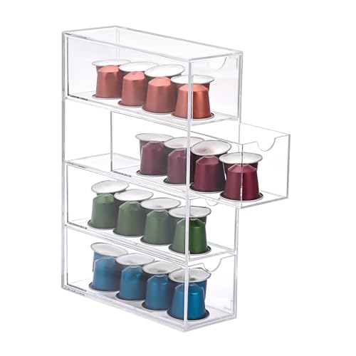 IGNPION 1 x Acryl-Kaffeekapsel-Aufbewahrungsbox mit 4 Schubladen, transparenter Küchen-Kaffeekapselhalter und Zuckerpacket-Halter mit Deckel, stapelbare kleine Schreibtisch-Organizer-Schublade für von IGNPION