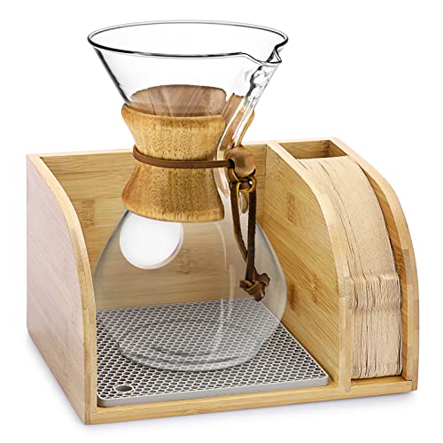 IGNPION Bambus Pour Over Coffee Glass Maker Halter Ständer mit Silikon Drip Pad, Kaffeemaschine und Papierfilter Organizer Ständer Kompatibel mit Chemex Kaffeemaschinen (Keine Kaffeemaschine & von IGNPION