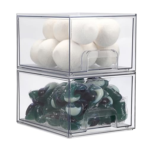 IGNPION Durchsichtige Waschmittelbehälter, 2-lagig, Trockner-Lakenhalter mit Schublade, Mehrzweck-Schublade für Wäschepads, Waschtabletten, Duftverstärker, Trocknerball von IGNPION