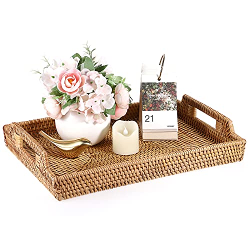 IGNPION Rattan-Serviertablett für Zuhause und Badezimmer, dekoratives Display, gewebter Tisch, Ablagetablett mit Griff, Geschirr, Küche, Ornament (37 x 27 cm, Natur) von IGNPION