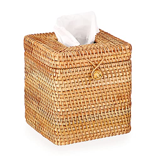 IGNPION Papiertaschentuchbox aus Rattan, Dekoration Kosmetiktücherbox Handgewebt Taschentuchbox, Servietten Aufbewahrungsbox für Haus, Hotel (14.8x14.8x16cm, Natural) von IGNPION