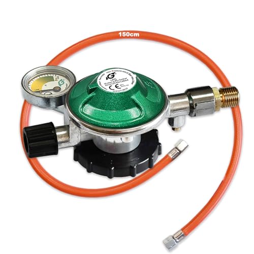 IGT Gasregler 50mbar mit Manometer für Campingaz Gasflasche GAZ R 907 904 901 mit Schlauchbruchsicherung Gasfüllstandsanzeige Butangas Gasschlauch 150 cm von IGT