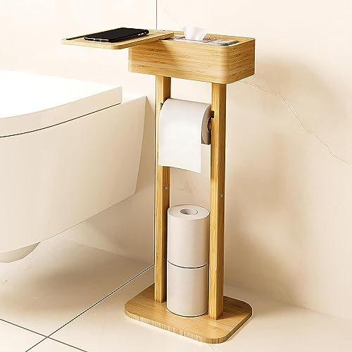 4-in-1 Toilettenpapierhalter mit Aufbewahrungsregal Box, Bamboo Floor Standing Toilettenpapier Organizer, Swivel Toilettenpapierhalter, Badezimmer Temporäre Desktop von IGTOPS