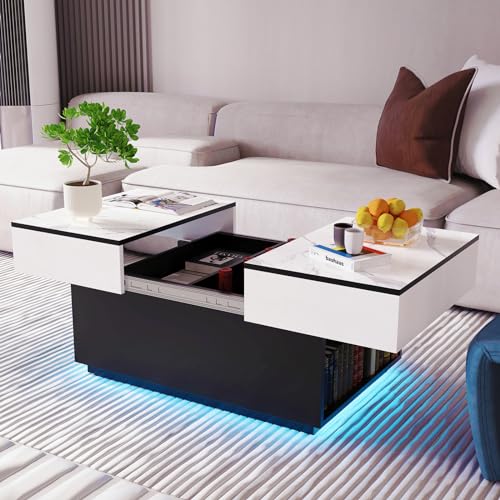 Couchtisch Wohnzimmertisch,LED-Sofatisch für Wohnzimmer mit 16 Farben Leuchten,Moderner Ausziehbarer Schreibtisch,Hochglanz Modern Beistelltisch Kaffeetisch mit 2 Staufächern,115*65 *53cm Mitteltisch von IGTOPS