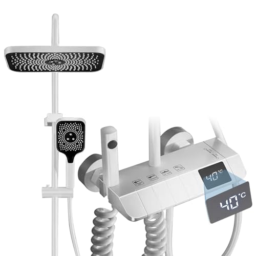 Duschsystem mit Thermostat Duschset, 4 Mode Messing Mischbatterie Duschset für 3 Modus Handbrause, Duscharmatur, Bidet Sprayer, Badewannenarmatur, LED Regendusche Duschsystem Duscharmatur (Weiß) von IGTOPS