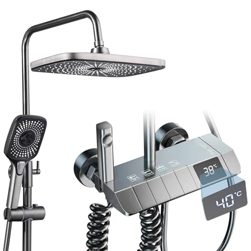 Duschsystem mit Thermostat Duschset, 4 Mode Messing Mischbatterie Duschset für 3 Modus Handbrause, Duscharmatur, Bidet Sprayer, Badewannenarmatur, LED Regendusche Duschsystem Duscharmatur (Waffengrau) Duschsystem mit Thermostat Duschset, 4 Mode Messing Mischbatterie Duschset für 3 Modus Handbrause, Duscharmatur, Bidet Sprayer, Badewannenarmatur, LED Regendusche Duschsystem Duscharmatur (Waffengrau) von IGTOPS