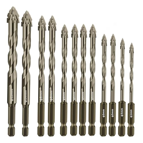 Exzenterbohrer Set 12-tlg, Sägezahnbohrer mit 4 Schneiden, Vierschneidiger Gezackter Bohrer mit 1/4" Sechskantschaft, Hochharte Multifunktionsbohrer für Glas, Keramik (3-12 mm,Gelb 12 Stück) von IGTOPS