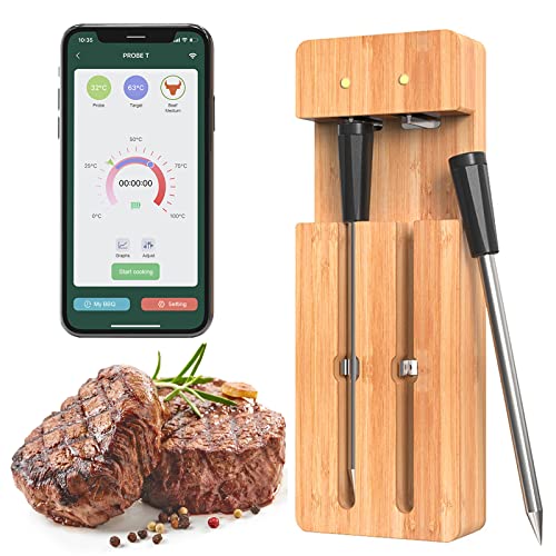 Grillthermometer Kabellos, Fleischthermometer, Funk Smarte Bluetooth Bratenthermometer Intelligenter AKüchenthermometer Thermometer, P67 Wasserdicht Meat Thermometer für BBQ Camping Grill Backofen von IGTOPS