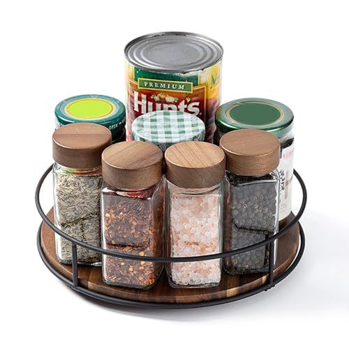 Holz Drehteller Organizer 30CM Multifunktions-Drehtablett & Drehbares Küchen Gewürzregal Drehorganizer, Gewürzhalter Drehbar Küchen Aufbewahrung (Holz+Edelstahl, 22.5CM) von IGTOPS