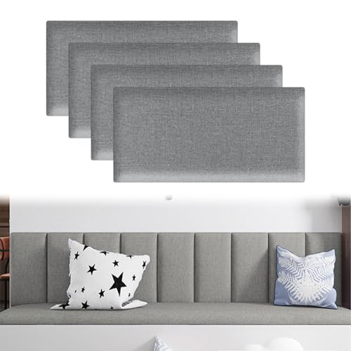 IGTOPS 4 Stück 3D Wandpaneele Gepolstert, Baumwollleinen Polsterpaneel Selbstklebend, Anti Kollisions Bettkopfteil Wandkissen, 3D Wandverkleidung Wandpolster (Hellgrau, 40x20cm) von IGTOPS