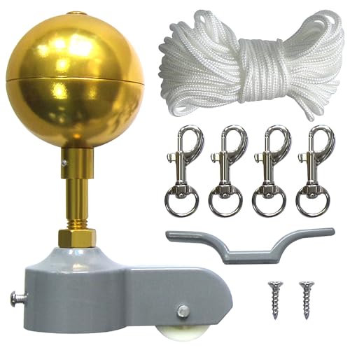 IGTOPS Fahnenmast Zubehör Set, Fahnenmast Reparaturset,Fahnenmast-Reparaturteile inkl.Kugel,Seil,Karabiner, Klampe,Topper aus Aluminium mit Seilrolle Flag Parts, Gold von IGTOPS