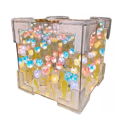 IGTOPS Tulpen Nachtlicht, DIY Tulpenwürfel Spiegel Lampe, LED Blumen Tulpen Licht Schreibtischlampe für Tisch Schlafzimmer Heim Dekoration, Mit eingebauter Batterie (10cm, Bunt) von IGTOPS