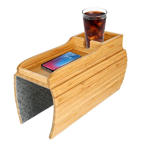 IGTOPS Upgrade-Sofatablett, Rutschfestes Armlehnen Tablett, Couch Tablett aus Bambus, Sofa Armablage Tisch, Couch Getränkehalter mit Anti-Rutsch Kork Pad, Organizer & Couch Ablage (Log-Farbe) von IGTOPS