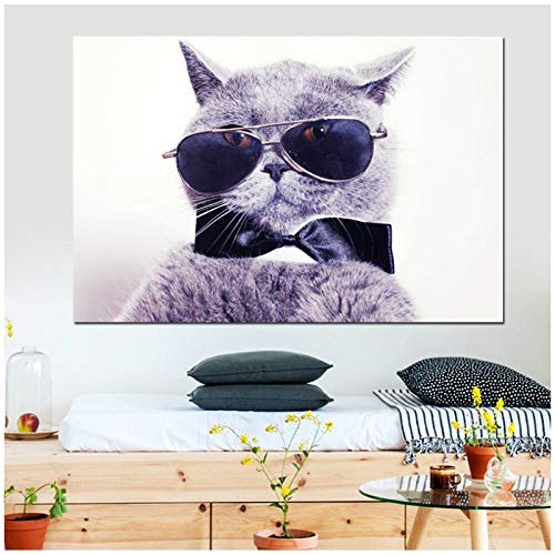 IGZAKER Cartoon Animal Pictures Cat with Glasses Wall Pictures for Living Room Black and White Art Print on Canvas - 50 x 70 cm Without Frame von IGZAKER