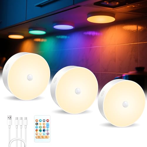 IHALO LED Schrankbeleuchtung, 16 Farben RGB Vitrinenbeleuchtung LED Nachtlicht mit Bewegungsmelder Innen, USB Aufladbar Unterbauleuchte, Fernbedienung Timer Funktion für Schlafzimmer, Küche (3er Pack) von IHALO
