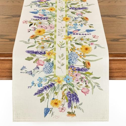 IHCEMIH Tischläufer Frühling, Blumen Tischläufer Leinen 140 x 40 cm Abwaschbar Modern Tischdeko Tischdecke Leinenstoff Table Runner Esstisch Dekoration für Party Küche Urlaub C von IHCEMIH