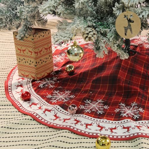 IHCEMIH Weihnachtsbaum Decke Christbaumdecke Rock Rot Groß Teppich Rund Schneeflocke Ren Weihnachtsbaumständer Abdeckung Weihnachtsdeko Weihnachtsbaumdecke Tannenbaum Unterlage 90cm von IHCEMIH