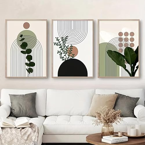 IHHGNB Boho Abstraktes Leinwandgemälde, grüne Pflanzen, Blätter, Vase, Sonnenlinien, Wandkunst, Poster, Drucke, Bilder für Wohnzimmerdekoration (20 x 30 cm (8 x 12 Zoll) x3 / ohne Rahmen) von IHHGNB