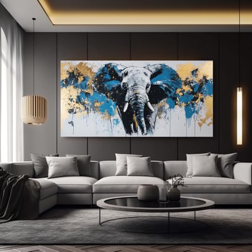 IHHGNB Leinwandbild, blau-goldener Elefant, modernes abstraktes Gemälde, Bilddruck auf Leinwand, Wanddekoration für Wohnzimmer (80 x 160 cm (31 x 63 Zoll)/ohne Rahmen) von IHHGNB