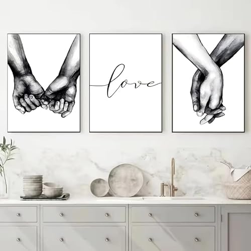 IHHGNB Rahmenloses schwarz-weißes romantisches Hand-in-Hand-Leinwandgemälde mit Liebeszitaten, Wandkunst, Posterdrucke, Bild für die Inneneinrichtung (20 x 30 cm (8 x 12 Zoll) x3 / ohne Rahmen) von IHHGNB